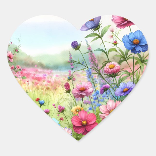 Sticker Cœur Aquarelle Pré de Fleurs Roses et Bleues (Devant)