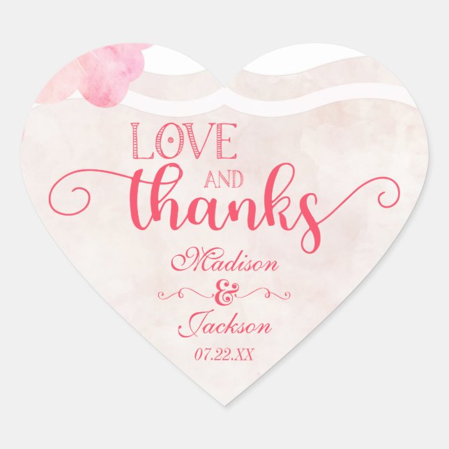 Sticker Cœur Aquarelle rose Bleu Mariage Aimer & Merci Favorise (Devant)