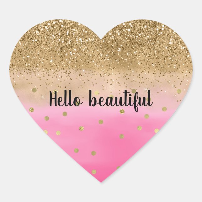 Sticker Cœur Aquarelle rose fille Parties scintillant or Glitz  (Devant)