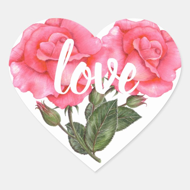 Sticker Cœur Aquarelle rose Rose Floral Illustration Amour (Devant)