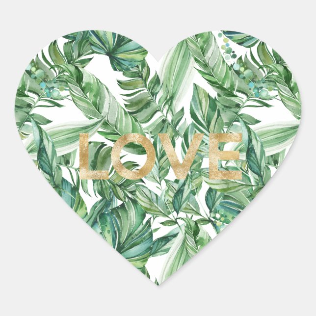 Sticker Cœur Aquarelle tropicale Vert Feuille Gold Love (Devant)