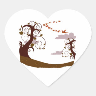 Sticker Cœur Arbre tourbillonnant avec oiseaux volants graphiqu