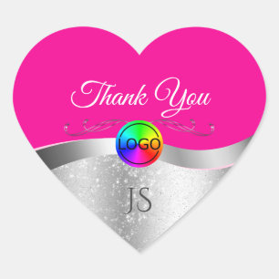 Sticker Cœur Argent épais rose chaud avec Merci de monogramme L