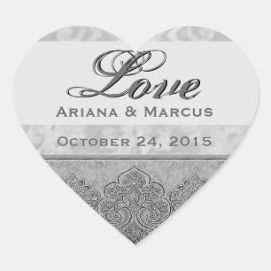 Sticker Cœur Argent Grunge Mariage Damask et ruban V03