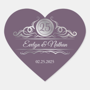 Sticker Cœur Argent tournoie sur violet 25e anniversaire Mariag