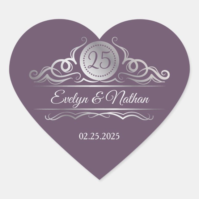Sticker Cœur Argent tournoie sur violet 25e anniversaire Mariag (Devant)