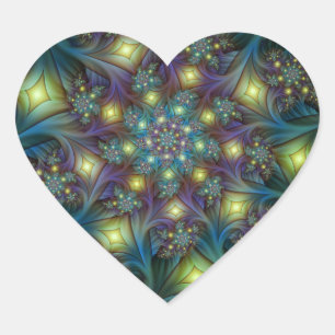 Sticker Cœur Art fractal abstrait illuminé sarcelle violet