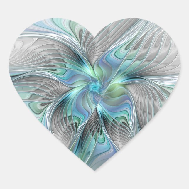 Sticker Cœur Art fractal fantaisie papillon bleu vert abstrait (Devant)