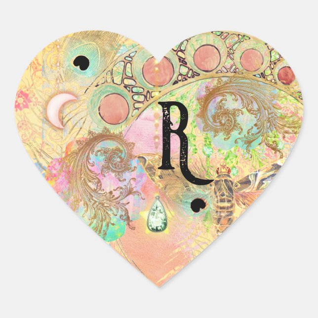 Sticker Cœur Art vintage bohème unique hippie pastel whimsica (Devant)
