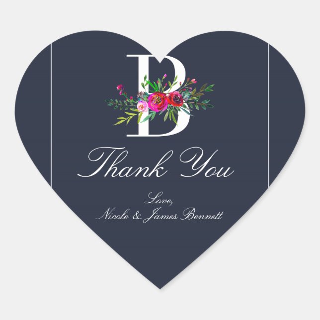 Sticker Cœur B Monogramme Dernier initial bleu Floral Mariage (Devant)