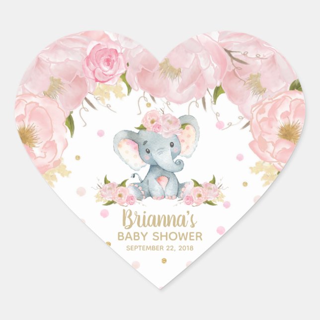 Sticker Cœur Baby shower d'éléphant rose floral mou (Devant)