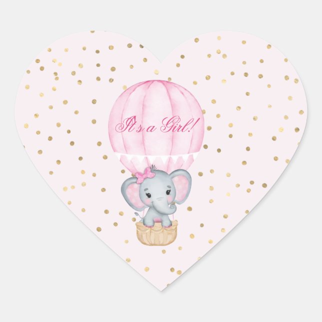 Sticker Cœur Baby shower éléphant bébé fille à ballon chaud (Devant)