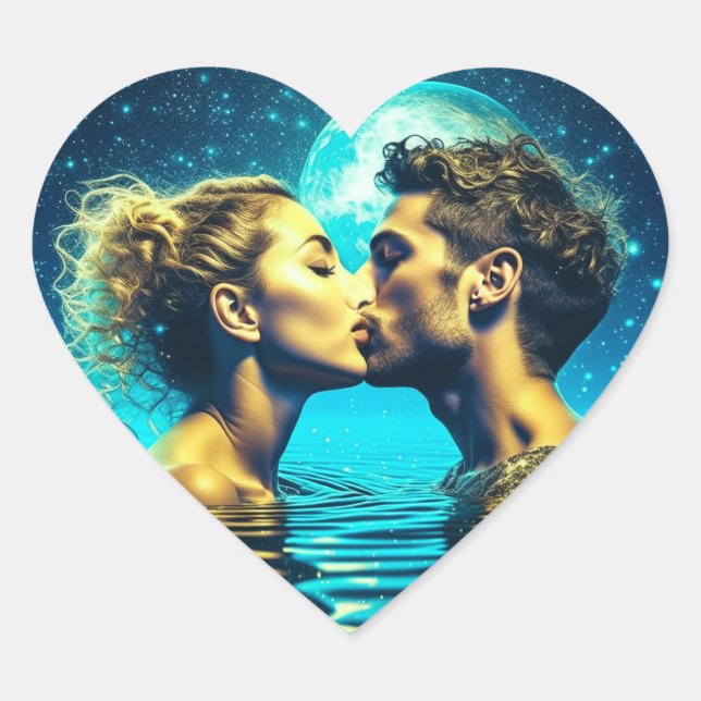 Sticker Cœur Baiser doux sous la lune dans l'océan calme (Devant)