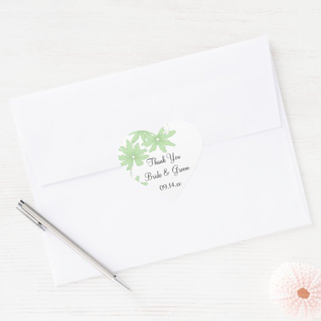 Sticker Cœur Balise de Mariage de marguerites vertes Merci Favo (Enveloppe)