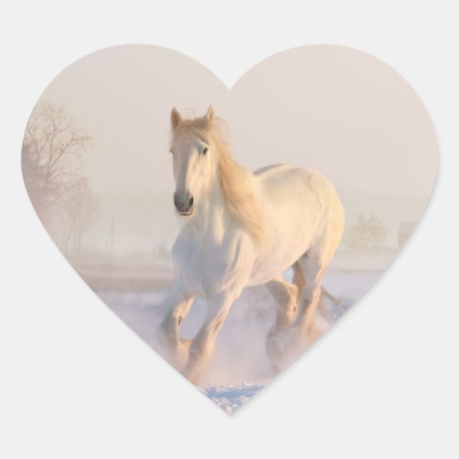 Sticker Cœur Beau Cheval Blanc Galloping dans la neige (Devant)