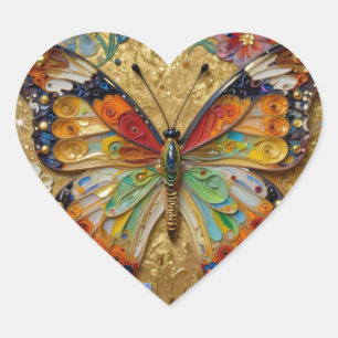 Sticker Cœur Beau Papillon et Fleurs en Impasto