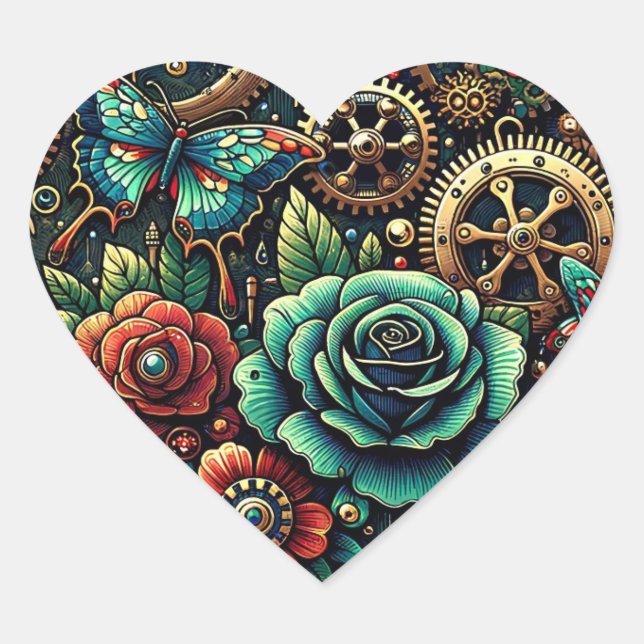 Sticker Cœur Beau Steampunk Gears à thème et Roses (Devant)