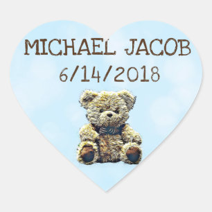 Sticker Cœur Bébé bleu personnalisé Teddy Bear Faire-part