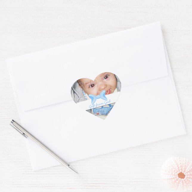 Sticker Cœur Bébé garçon Photo Cadeau de Dieu bleu arc (Enveloppe)