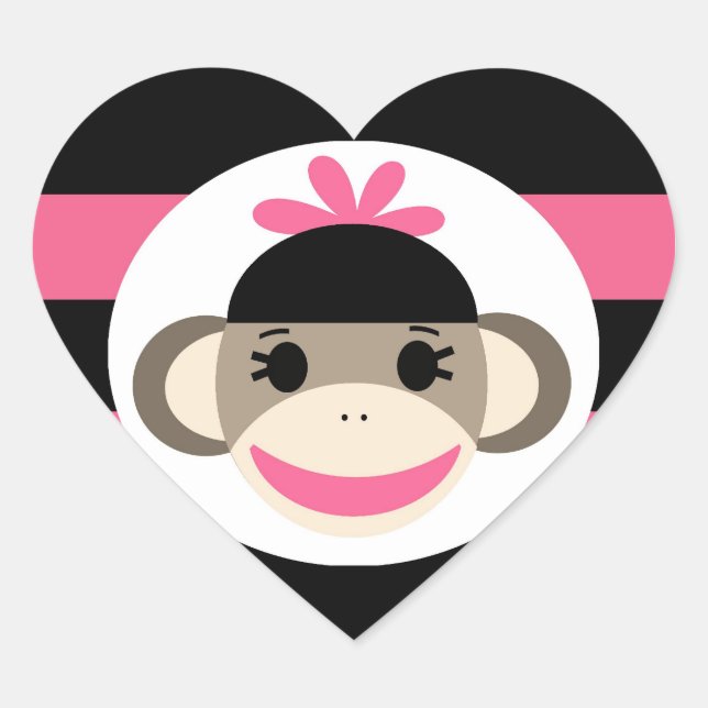 Sticker Cœur Bébé mignon fille Sock Singe noir rose rayures (Devant)