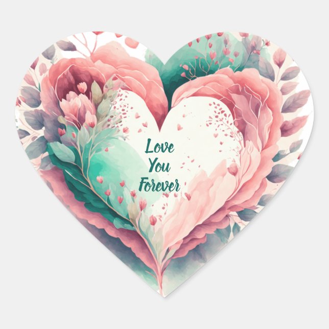 Sticker Cœur Belle aquarelle rose et vert Floral (Devant)