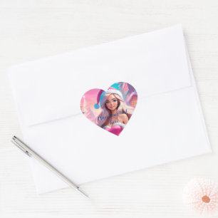 Sticker Cœur Belle fille de Noël rose 01