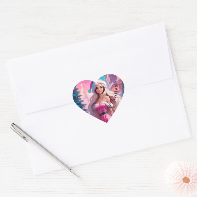 Sticker Cœur Belle fille de Noël rose 01 (Enveloppe)