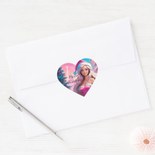 Sticker Cœur Belle fille de Noël rose 01