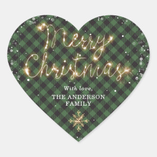 Sticker Cœur Bison vert Plaid Neige brillant Joyeux Noël