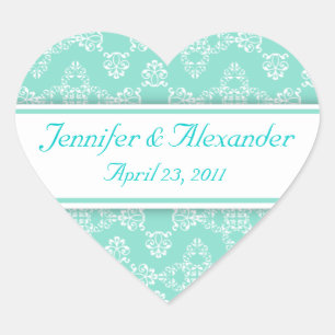 Sticker Cœur Bleu Blanc Damas Coeur Mariage Invitations Phoques