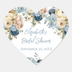 Sticker Cœur Bleu Poussiéreux Rose Blanc Floral Mariage