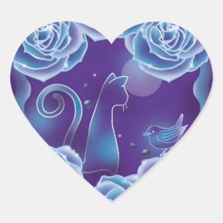 Sticker Cœur Blue rose and blue cat　青いバラと青い猫