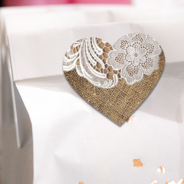 Sticker Cœur bohème rustique pays occidental burlap et dentelle (bohemian rustic western country burlap and lace heart sticker)