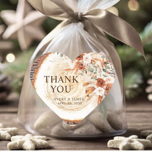 Sticker Cœur Boho Pampas Grass Wedding Wood Slice Thank You (Créateur téléchargé)