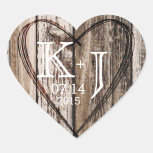 Sticker Cœur Bois Coeur Etching Rustic Monogram Mariage Étiquet