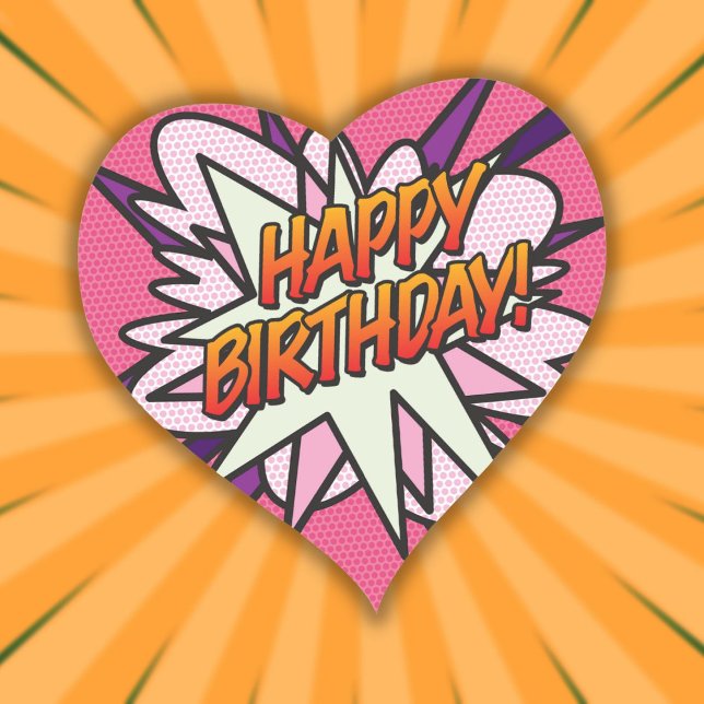 Sticker Cœur BONJOUR D'ANNIVERSAIRE Fun Retro Comic Book Pink (HAPPY BIRTHDAY Fun Retro Comic Book Pink Heart Sticker)