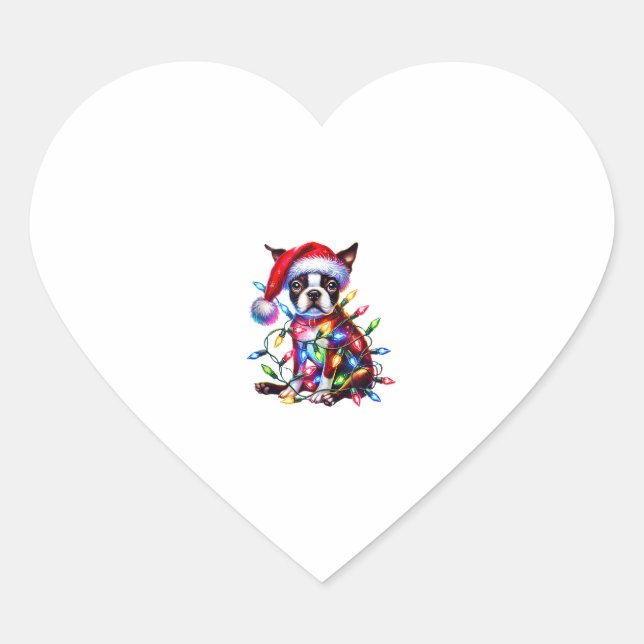 Sticker Cœur Boston Terrier illuminations de Noël Santa Hat Chi (Devant)