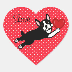 Sticker Cœur Boston Terrier & Red Heart Cartoon Love