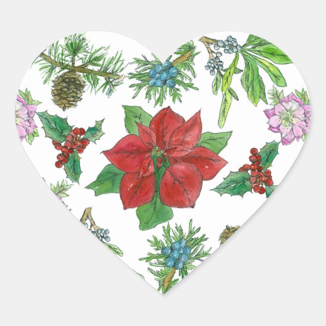 Sticker Cœur Botanique Plante de Noël Rouge Poinsettia (Devant)