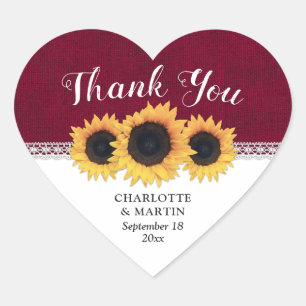 Sticker Cœur Bourgogne Burlap Tournesol Mariage Merci