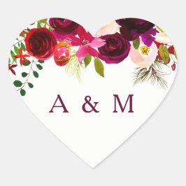Sticker Cœur Bourgogne Floral Boho toutes les occasions faveur