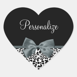 Sticker Cœur Bow gris Empreinte de léopard sophistiqué avec nom