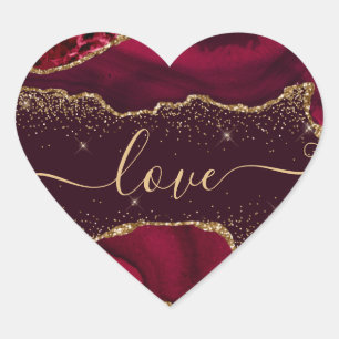 Sticker Cœur Burgundy Red & Faux Gold Parties scintillant Agate