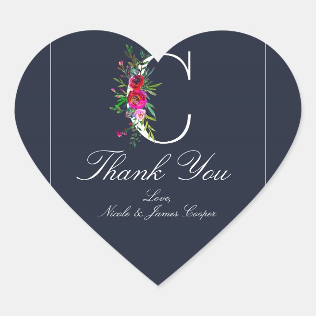 Sticker Cœur C Monogramme Dernier initial bleu Floral Mariage (Devant)