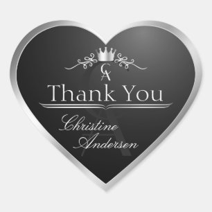 Sticker Cœur Cadre élégant noir argenté et monogramme Merci