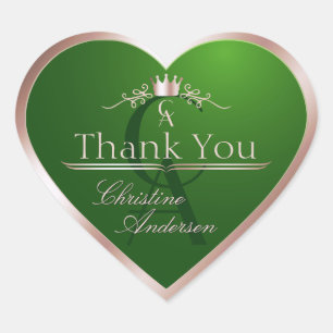 Sticker Cœur Cadre Rose Gold et Monogramme Vert Gazon Merci
