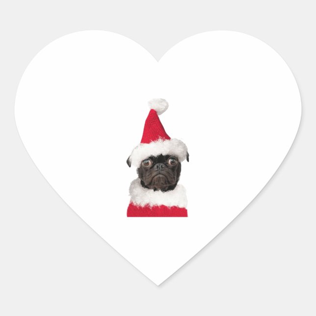 Sticker Cœur Carlin noir mignon à Noël Santa Hat (Devant)