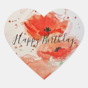 Sticker Cœur Carte d'anniversaire à plat aquarelle Coquelicots 