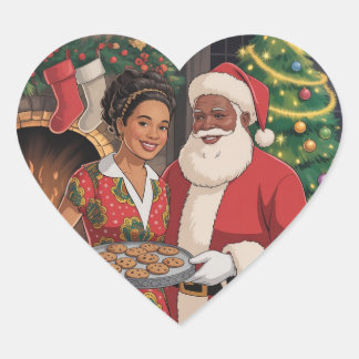Sticker Cœur Carte de Noël de Black Santa & Mrs. Claus