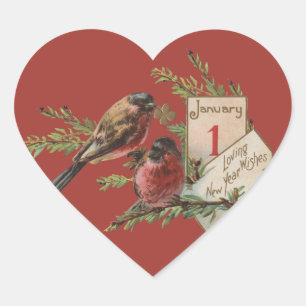 Sticker Cœur Carte de vacances antique d'oiseaux de Nouvel An